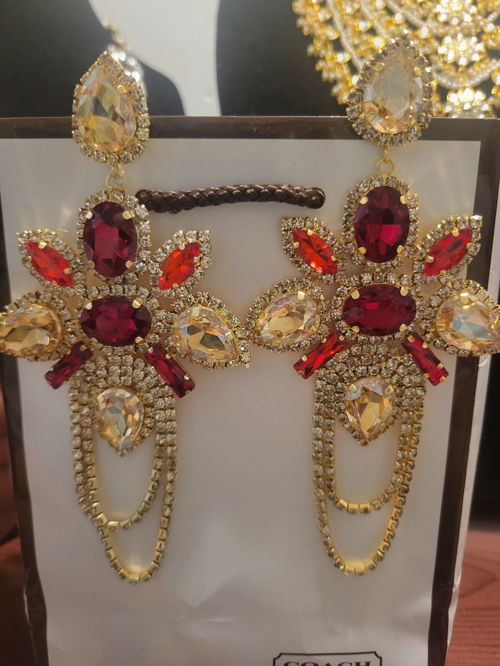 Gold Tone Statement Drop Earrings with Ruby and Champagne Stones